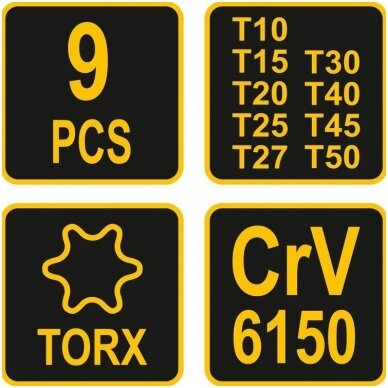 L tipo atsuktuvų su rankena rinkinys T-Star (Torx) 9vnt. 2 L tipo atsuktuvų su rankena rinkinys T-Star (Torx) 9vnt. 2
