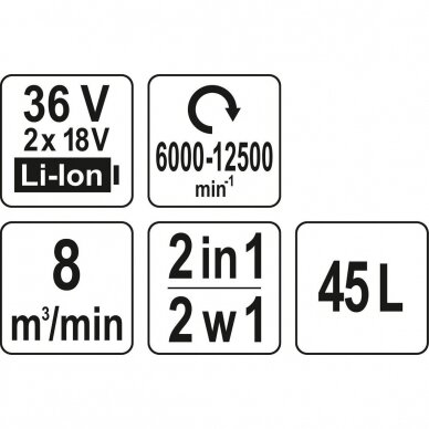 Lapų pūstuvas + siurblys, akumuliatorinis 36V = 2X18V, be akumuliatoriaus