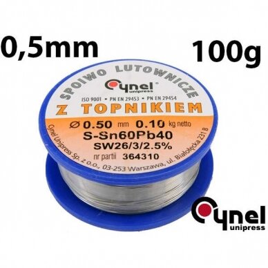 Lydmetalio viela Ø 0,50mm. 100g. su fliusu Lydmetalio viela Ø 0,50mm. 100g. su fliusu