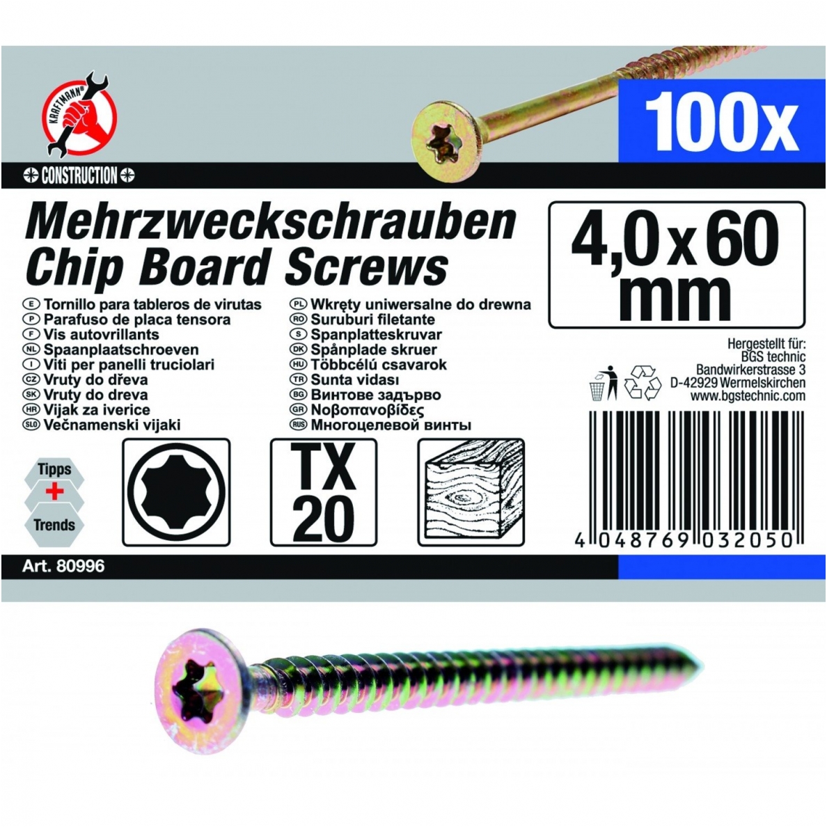 Medsraigčių rinkinys 4.0 x 60 mm, T20, 100vnt. 1 Medsraigčių rinkinys 4.0 x 60 mm, T20, 100vnt. 1