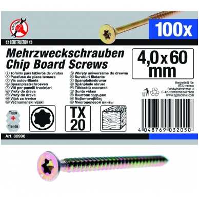 Medsraigčių rinkinys 4.0 x 60 mm, T20, 100vnt. 1 Medsraigčių rinkinys 4.0 x 60 mm, T20, 100vnt. 1