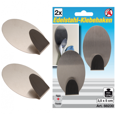 Nerūdijančio plieno klijuojami kabliukai - 1,0 kg - 2 vnt. 1 Nerūdijančio plieno klijuojami kabliukai - 1,0 kg - 2 vnt. 1