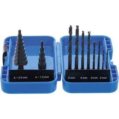 Pakopinių grąžtų ir grąžtų metalui komplektas Ø 4-12, 4-20, 2-5mm. 10vnt. Pakopinių grąžtų ir grąžtų metalui komplektas Ø 4-12, 4-20, 2-5mm. 10vnt.