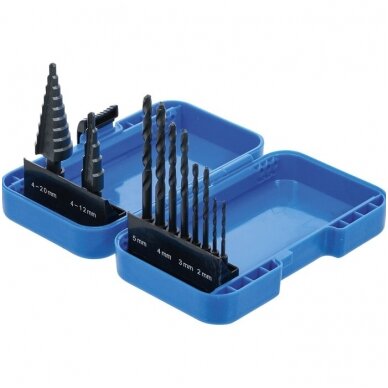 Pakopinių grąžtų ir grąžtų metalui komplektas Ø 4-12, 4-20, 2-5mm. 10vnt. 2 Pakopinių grąžtų ir grąžtų metalui komplektas Ø 4-12, 4-20, 2-5mm. 10vnt. 2