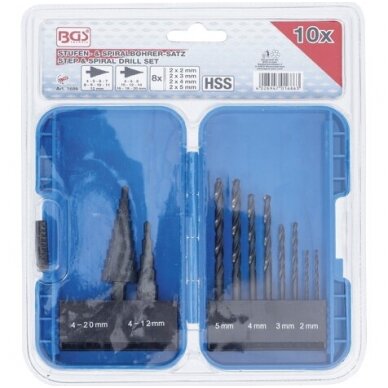 Pakopinių grąžtų ir grąžtų metalui komplektas Ø 4-12, 4-20, 2-5mm. 10vnt. 7 Pakopinių grąžtų ir grąžtų metalui komplektas Ø 4-12, 4-20, 2-5mm. 10vnt. 7