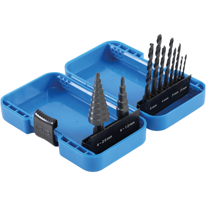 Pakopinių grąžtų ir grąžtų metalui komplektas Ø 4-12, 4-20, 2-5mm. 10vnt. 1 Pakopinių grąžtų ir grąžtų metalui komplektas Ø 4-12, 4-20, 2-5mm. 10vnt. 1