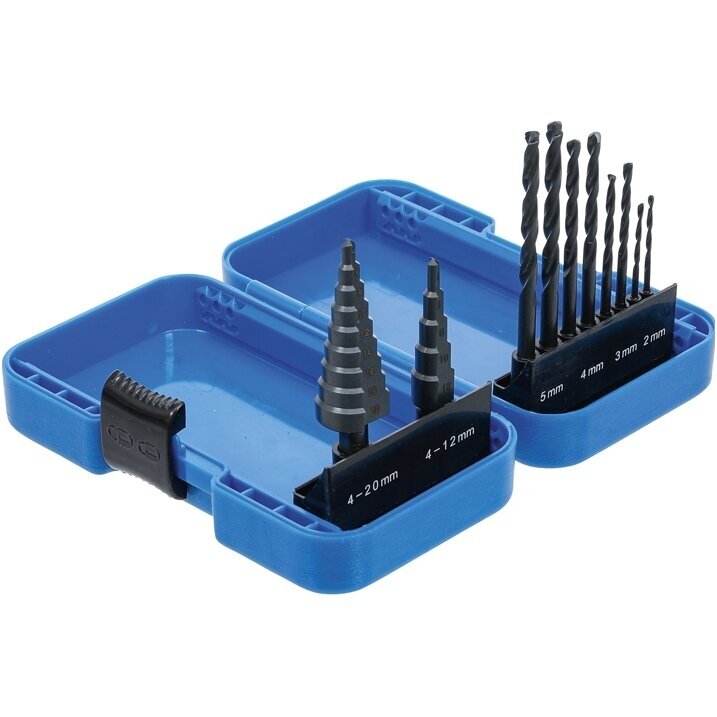 Pakopinių grąžtų ir grąžtų metalui komplektas Ø 4-12, 4-20, 2-5mm. 10vnt. 6 Pakopinių grąžtų ir grąžtų metalui komplektas Ø 4-12, 4-20, 2-5mm. 10vnt. 6