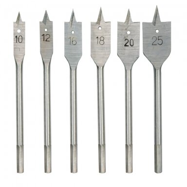 Plunksninių grąžtų rinkinys 10-25 mm, 6 vnt Plunksninių grąžtų rinkinys 10-25 mm, 6 vnt