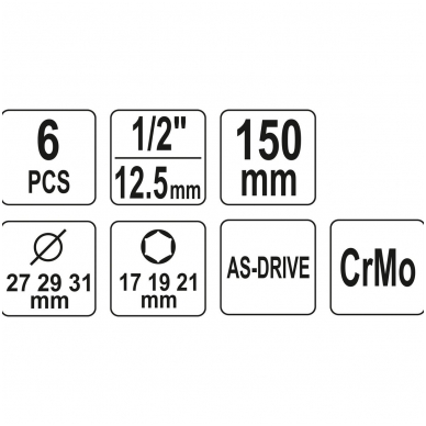 Plonasienių smūginių galvučių rinkinys (1/2") 17/19/21 mm 4 Plonasienių smūginių galvučių rinkinys (1/2") 17/19/21 mm 4