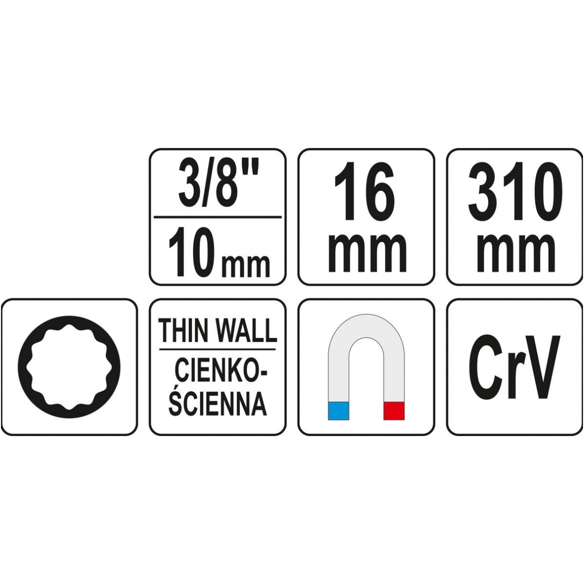 Raktas žvakėms plonasienis - su magnetu - 310 mm -16 mm 2