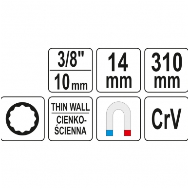 Raktas žvakėms plonasienis- su magnetu - 310 mm -14 mm 2 Raktas žvakėms plonasienis- su magnetu - 310 mm -14 mm 2