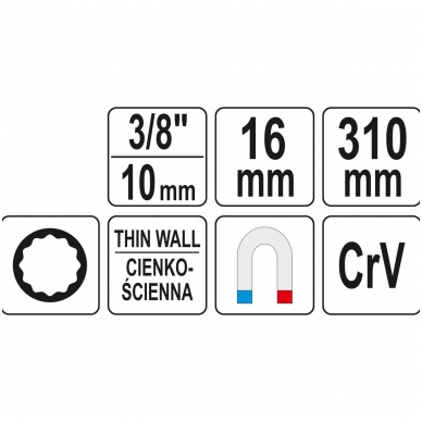 Raktas žvakėms plonasienis - su magnetu - 310 mm -16 mm 2 Raktas žvakėms plonasienis - su magnetu - 310 mm -16 mm 2