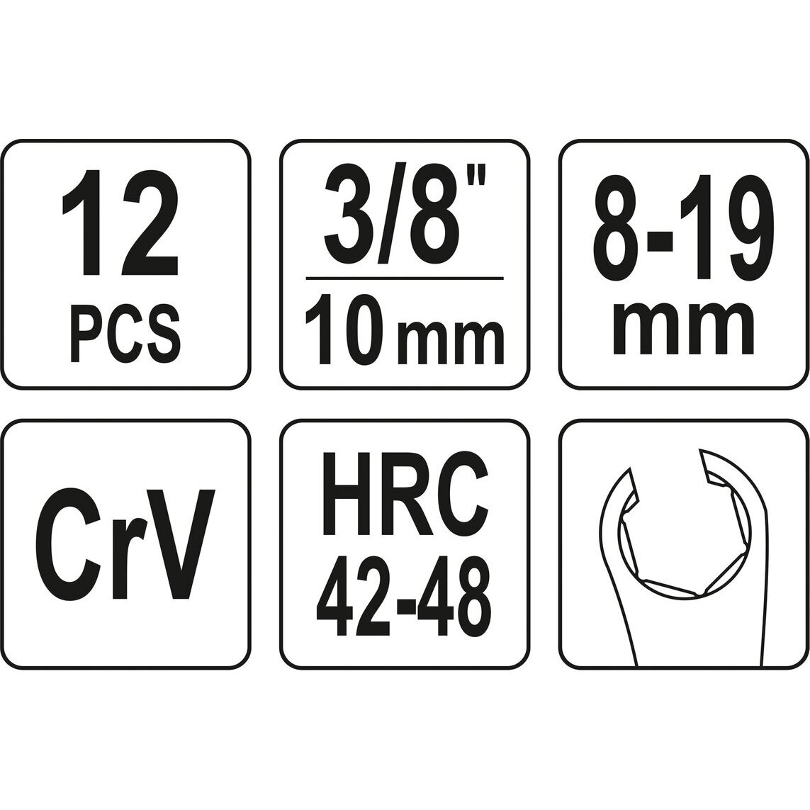 Šarnyrinių atvirų žiedinių veržliarakčių rinkinys (3/8") 8-19nn. 12vnt. 2 Šarnyrinių atvirų žiedinių veržliarakčių rinkinys (3/8") 8-19nn. 12vnt. 2