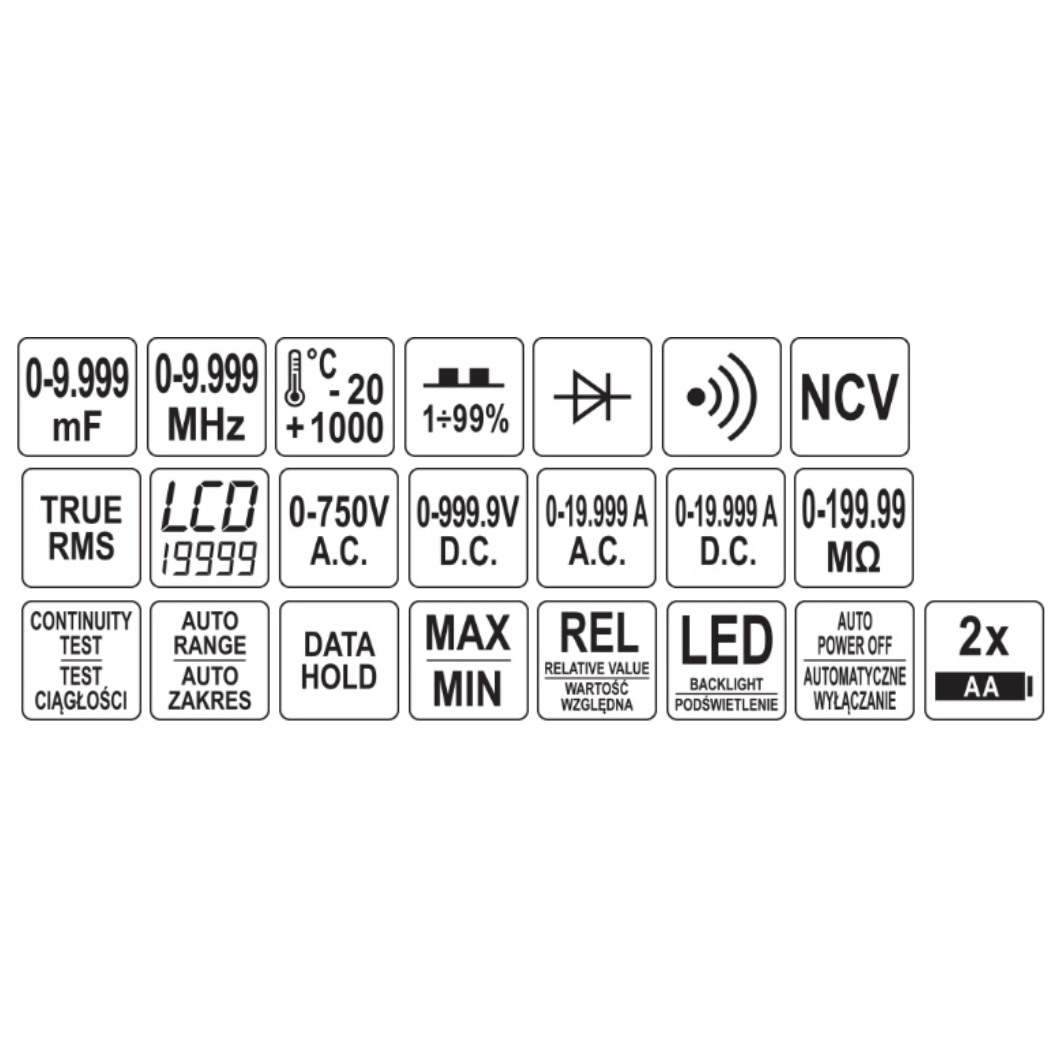 Skaitmeninis daugiafunkcinis testeris TRUE RMS 9999 AUTO LCD 9