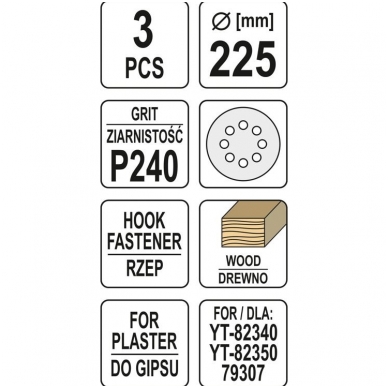 Šlifavimo popierius (velcro) apvalus su skylėm 225mm. P240 - 3 vnt. 2 Šlifavimo popierius (velcro) apvalus su skylėm 225mm. P240 - 3 vnt. 2