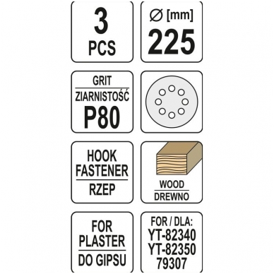 Šlifavimo popierius (velcro) apvalus su skylėm 225mm. P80 - 3 vnt. 2 Šlifavimo popierius (velcro) apvalus su skylėm 225mm. P80 - 3 vnt. 2