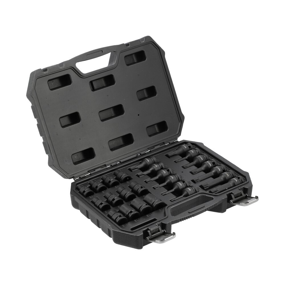 Smūginių E6-E24 galvučių ir antgalių T30-T70, M8-M18 rinkinys, 1/2" 25vnt. 2 Smūginių E6-E24 galvučių ir antgalių T30-T70, M8-M18 rinkinys, 1/2" 25vnt. 2