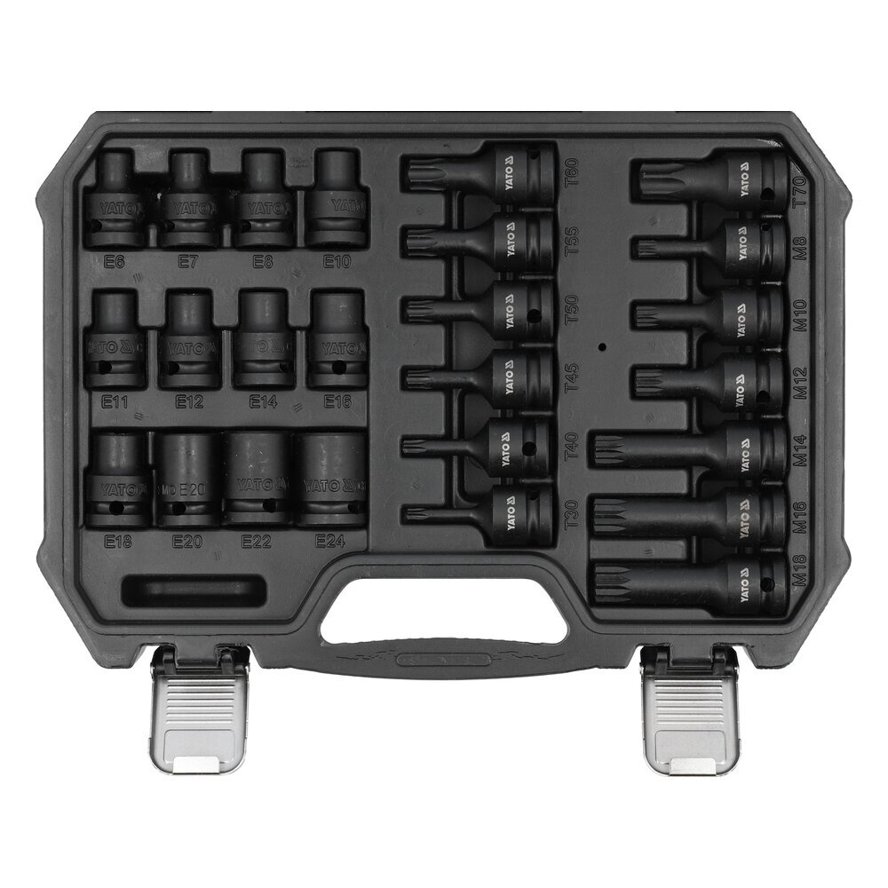 Smūginių E6-E24 galvučių ir antgalių T30-T70, M8-M18 rinkinys, 1/2" 25vnt. Smūginių E6-E24 galvučių ir antgalių T30-T70, M8-M18 rinkinys, 1/2" 25vnt.