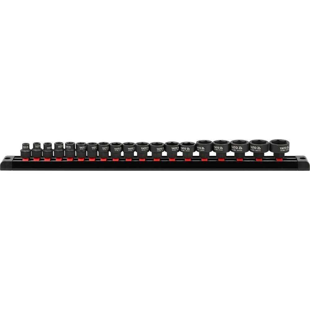 Smūginių galvučių rinkinys, šešiakampės 9.5 mm (3/8") 6 - 24 mm. 19 vnt. 1 Smūginių galvučių rinkinys, šešiakampės 9.5 mm (3/8") 6 - 24 mm. 19 vnt. 1