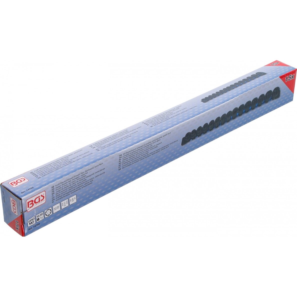 Smūginių galvučių rinkinys šešiakampės ypač plonos  12,5 mm.  (1/2")  10–24 mm.  15 vnt. 74700 5