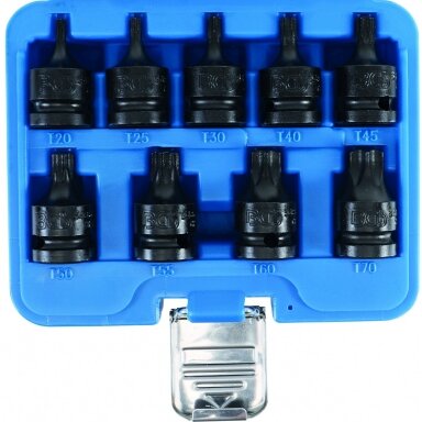 Smūginių antgalių rinkinys 9 vnt, 1/2", T-star (Torx) T20 - T70