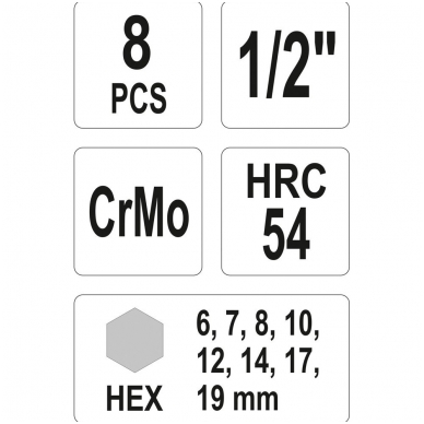 Smūginiai antgaliai  (1/2")  šešiakampis HEX 5 - 19mm. - 8vnt. 2
