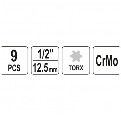 Smūginiai antgaliai (1/2") -T-Star (Torx) T20 - T70 - 9 vnt 4 Smūginiai antgaliai (1/2") -T-Star (Torx) T20 - T70 - 9 vnt 4