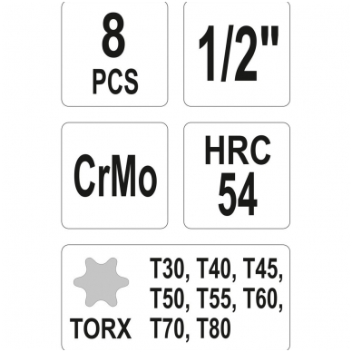 Smūginiai antgaliai - 12,5 mm (1/2") - T-Star (Torx) T30 - T80 -8 vnt 3