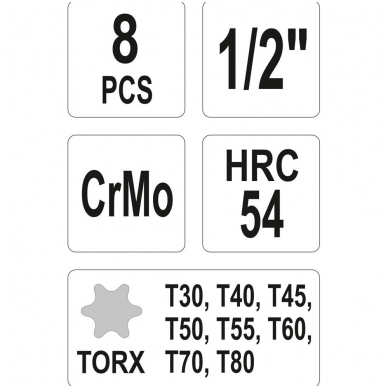 Smūginiai antgaliai - 12,5 mm (1/2") - T-Star (Torx) T30 - T80 -8 vnt 3 Smūginiai antgaliai - 12,5 mm (1/2") - T-Star (Torx) T30 - T80 -8 vnt 3