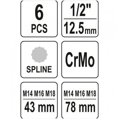 Smūginių antgalių rinkinys (1/2") Spline (XZN) 6vnt. 3 Smūginių antgalių rinkinys (1/2") Spline (XZN) 6vnt. 3