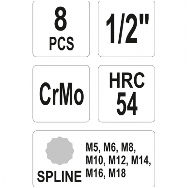 Smūginių antgalių rinkinys -12,5 mm (1/2") - Spline (XZN) M5 - M18-8 vnt. 2 Smūginių antgalių rinkinys -12,5 mm (1/2") - Spline (XZN) M5 - M18-8 vnt. 2