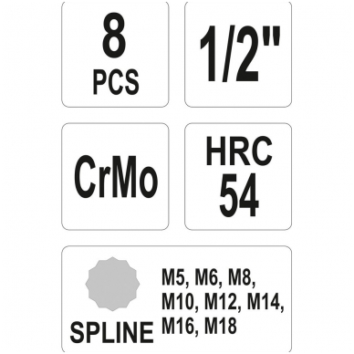 Smūginių antgalių rinkinys -12,5 mm (1/2") - Spline (XZN) M5 - M18-8 vnt. 2