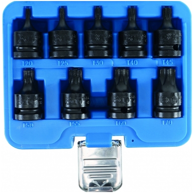 Smūginių antgalių rinkinys 9 vnt, 1/2", T-star (Torx) T20 - T70 Smūginių antgalių rinkinys 9 vnt, 1/2", T-star (Torx) T20 - T70