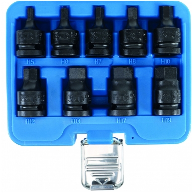 Smūginių antgalių rinkinys 9 vnt, Hex 1/2", 5 - 19mm. Smūginių antgalių rinkinys 9 vnt, Hex 1/2", 5 - 19mm.