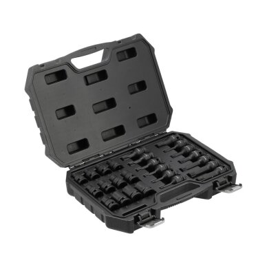 Smūginių E6-E24 galvučių ir antgalių T30-T70, M8-M18 rinkinys, 1/2" 25vnt. 2 Smūginių E6-E24 galvučių ir antgalių T30-T70, M8-M18 rinkinys, 1/2" 25vnt. 2