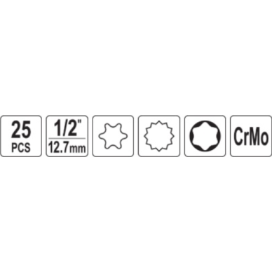 Smūginių E6-E24 galvučių ir antgalių T30-T70, M8-M18 rinkinys, 1/2" 25vnt. 3 Smūginių E6-E24 galvučių ir antgalių T30-T70, M8-M18 rinkinys, 1/2" 25vnt. 3