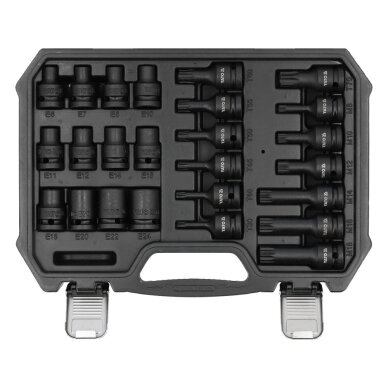 Smūginių E6-E24 galvučių ir antgalių T30-T70, M8-M18 rinkinys, 1/2" 25vnt. Smūginių E6-E24 galvučių ir antgalių T30-T70, M8-M18 rinkinys, 1/2" 25vnt.