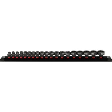 Smūginių galvučių rinkinys, šešiakampės 9.5 mm (3/8") 6 - 24 mm. 19 vnt. 1 Smūginių galvučių rinkinys, šešiakampės 9.5 mm (3/8") 6 - 24 mm. 19 vnt. 1