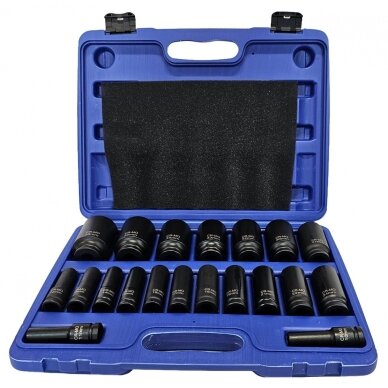 Smūginių ilgų galvučių rinkinys -12,5mm (1/2") - 10-38mm. - 20vnt. Smūginių ilgų galvučių rinkinys -12,5mm (1/2") - 10-38mm. - 20vnt.
