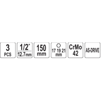 Smūginių ilgų galvučių rinkinys su apsaugom 12,5mm. (1/2") 150mm. 17/19/21mm. 3vnt. 2