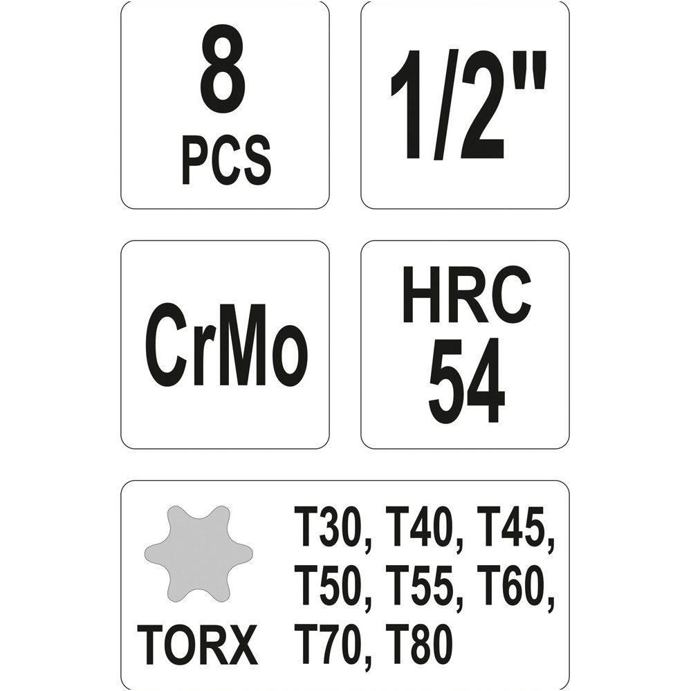 Smūginiai antgaliai - 12,5 mm (1/2") - T-Star (Torx) T30 - T80 -8 vnt 3 Smūginiai antgaliai - 12,5 mm (1/2") - T-Star (Torx) T30 - T80 -8 vnt 3