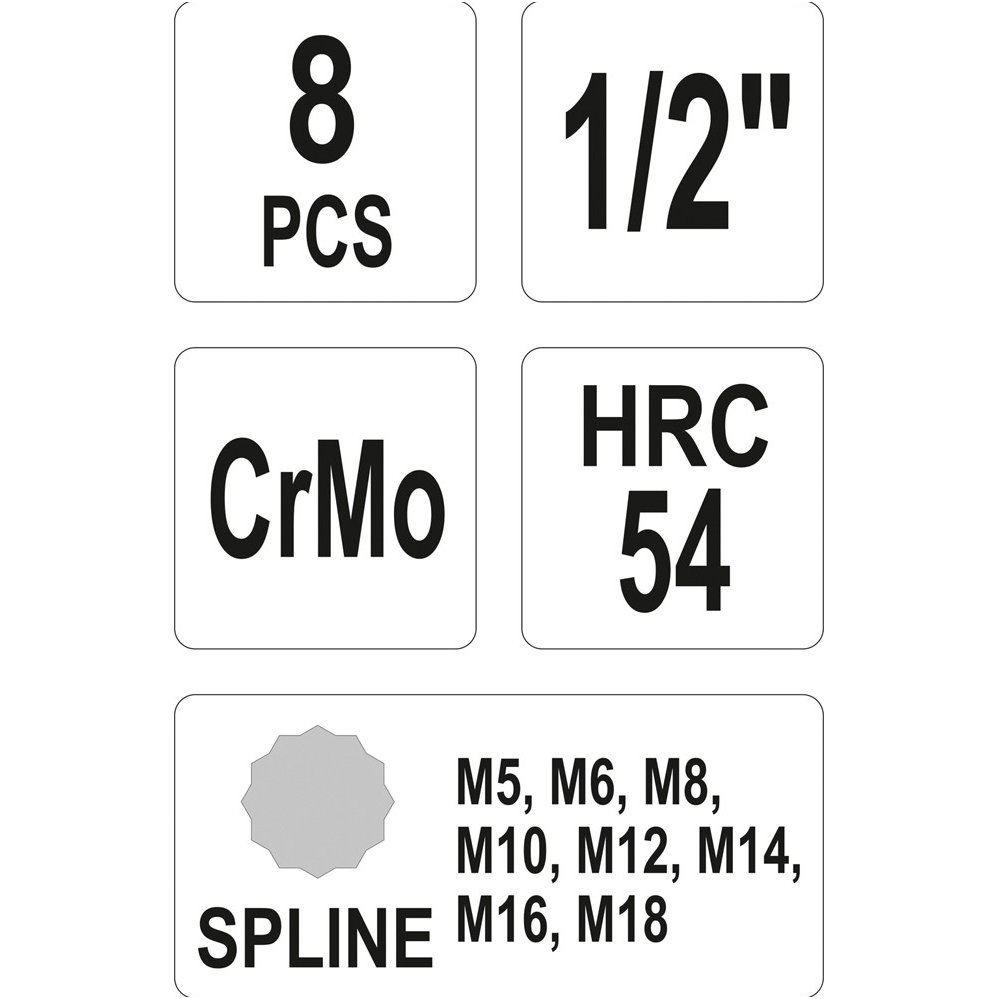 Smūginių antgalių rinkinys -12,5 mm (1/2") - Spline (XZN) M5 - M18-8 vnt. 2 Smūginių antgalių rinkinys -12,5 mm (1/2") - Spline (XZN) M5 - M18-8 vnt. 2
