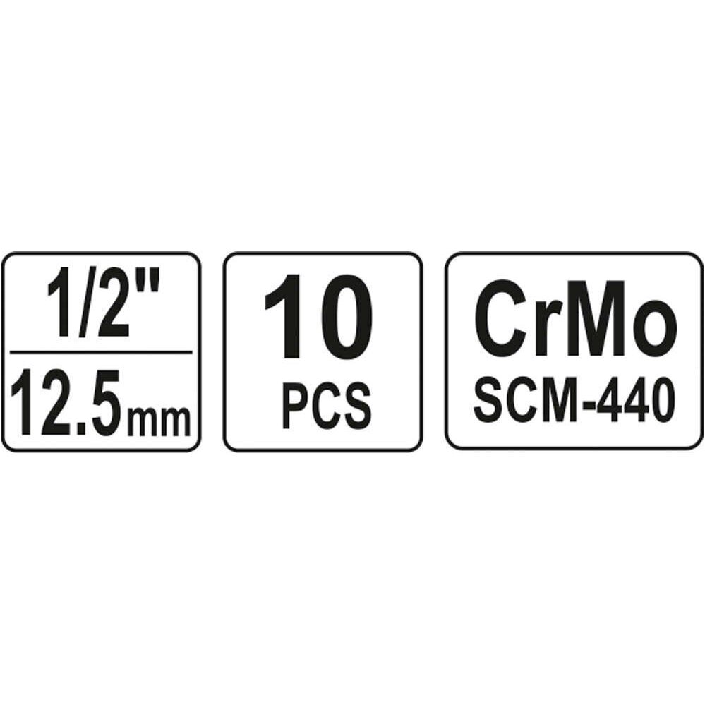 Smūginių galvučių rinkinys, šešiakampės (1/2") 10 - 22mm. 10vnt. 4 Smūginių galvučių rinkinys, šešiakampės (1/2") 10 - 22mm. 10vnt. 4