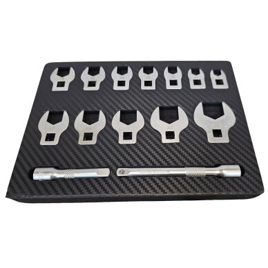 Šoninių raktų rinkinys 10 mm (3/8") 10 - 24 mm. 14 vnt. Šoninių raktų rinkinys 10 mm (3/8") 10 - 24 mm. 14 vnt.