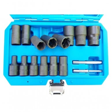 Specialus galvučių rinkinys, sraigtiniai ištraukikliai 1/2" 8 - 27mm. 16vnt. 1 Specialus galvučių rinkinys, sraigtiniai ištraukikliai 1/2" 8 - 27mm. 16vnt. 1