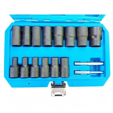Specialus galvučių rinkinys, sraigtiniai ištraukikliai 1/2" 8 - 27mm. 16vnt. 2 Specialus galvučių rinkinys, sraigtiniai ištraukikliai 1/2" 8 - 27mm. 16vnt. 2