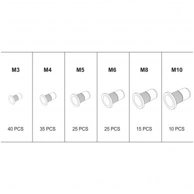 Srieginių kniedžių rinkinys M3-M10, aliuminės 150vnt. 3