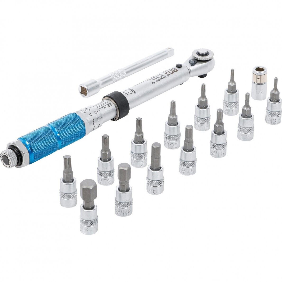 Sukimo momento veržliarakčio rinkinys dinamometras 6.3mm. (1/4") 3-24Nm. 16vnt. 2 Sukimo momento veržliarakčio rinkinys dinamometras 6.3mm. (1/4") 3-24Nm. 16vnt. 2