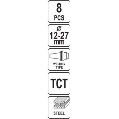 TCT karūninių grąžtų rinkinys kietam metalui Weldon tipas 12–27 mm. 8 vnt. 2 TCT karūninių grąžtų rinkinys kietam metalui Weldon tipas 12–27 mm. 8 vnt. 2