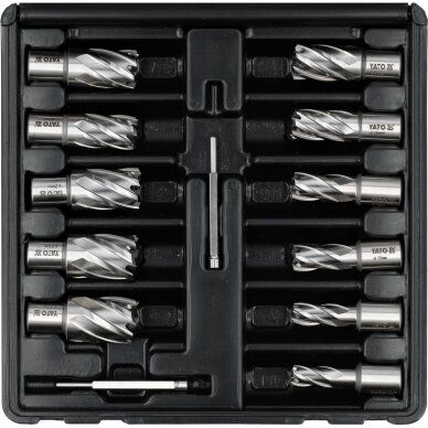 TCT karūninių grąžtų rinkinys kietam metalui Weldon tipas 12–27 mm. 8 vnt. TCT karūninių grąžtų rinkinys kietam metalui Weldon tipas 12–27 mm. 8 vnt.